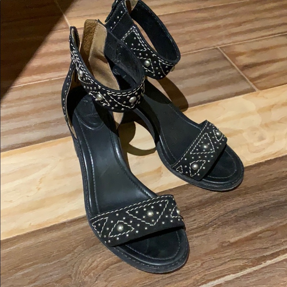 Frye black stacked heel studded sandal